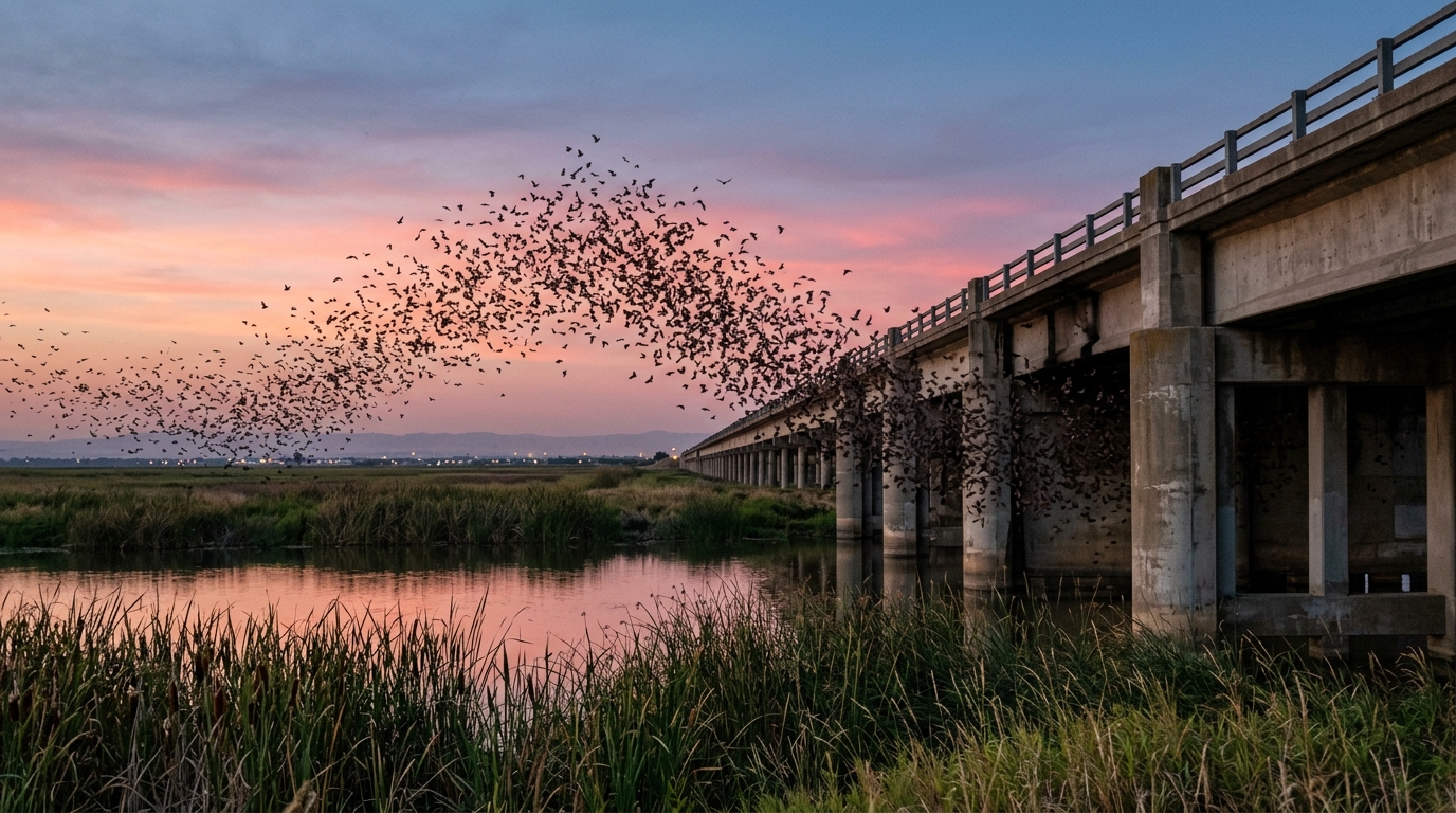 Bats emerging from beneath the Yolo Causeway near Davis California