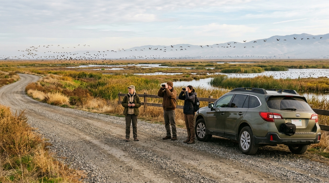 Birdwatchers using the Yolo Bypass Wildlife Area auto-tour route