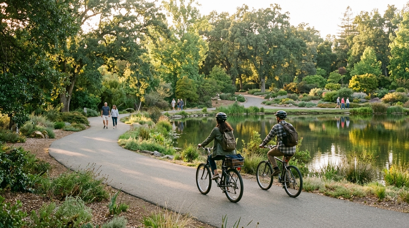 Cyclists following a path near the UC Davis Arboretum