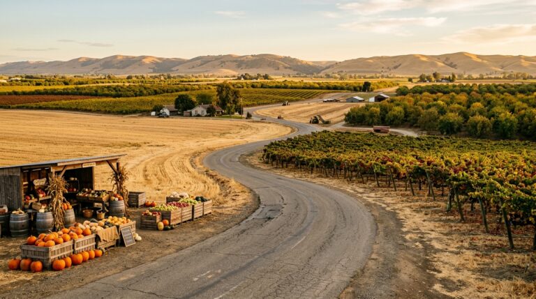 Fall harvest farmland and country road in Yolo County California