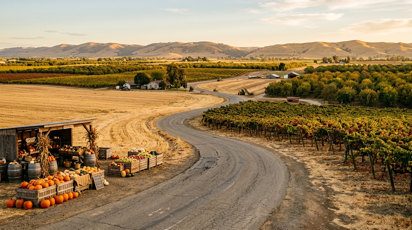 Fall harvest farmland and country road in Yolo County California