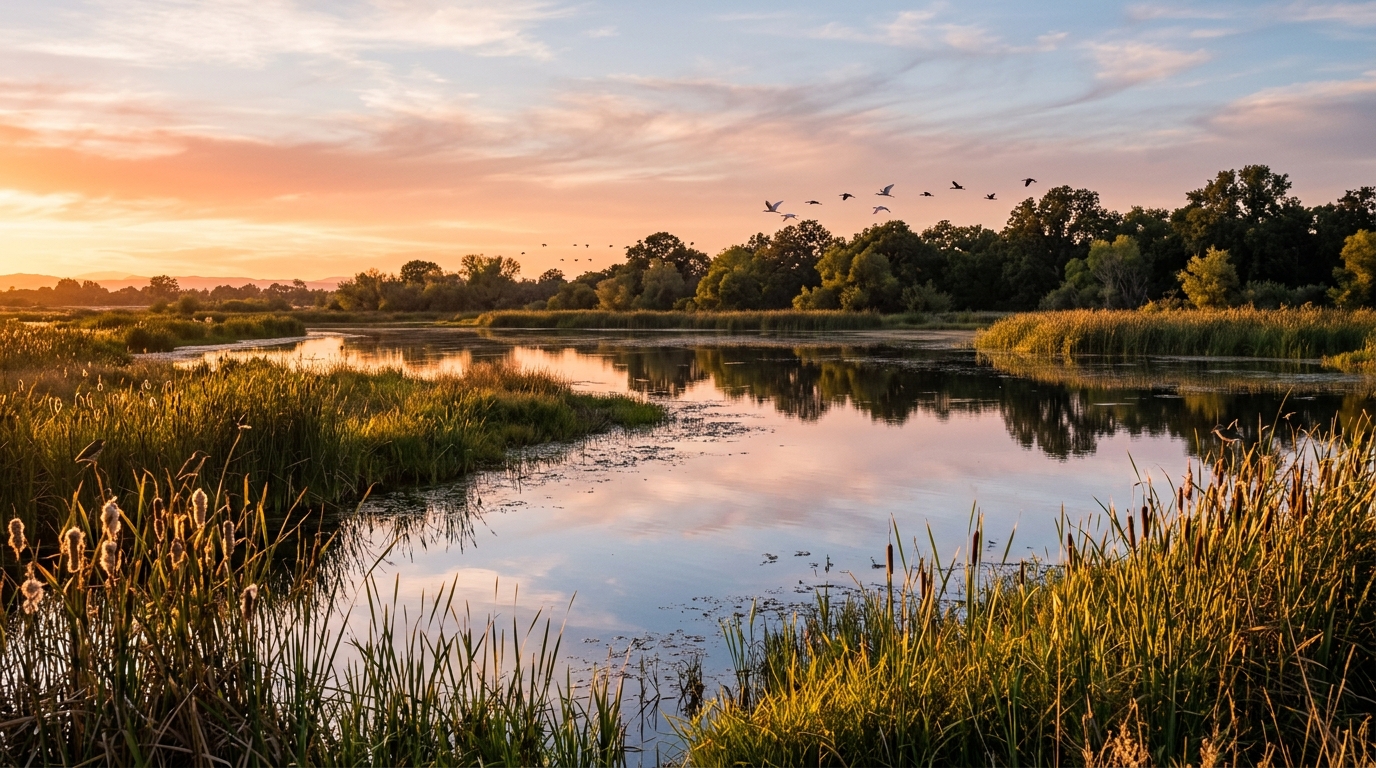 Golden-hour wetland habitat at Cache Creek Nature Preserve