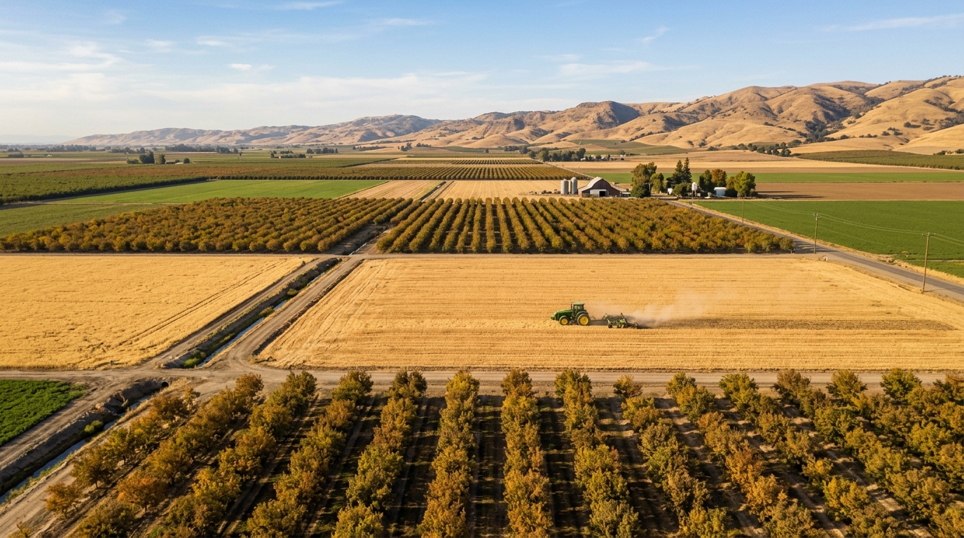 Harvested fields and orchards between Woodland and Winters California