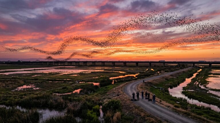 Mexican free-tailed bats emerging over the Yolo Causeway at sunset