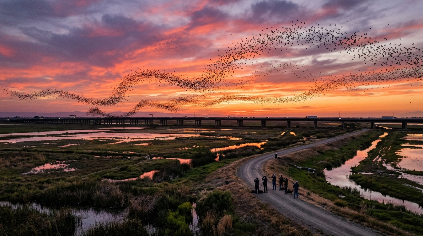 Mexican free-tailed bats emerging over the Yolo Causeway at sunset