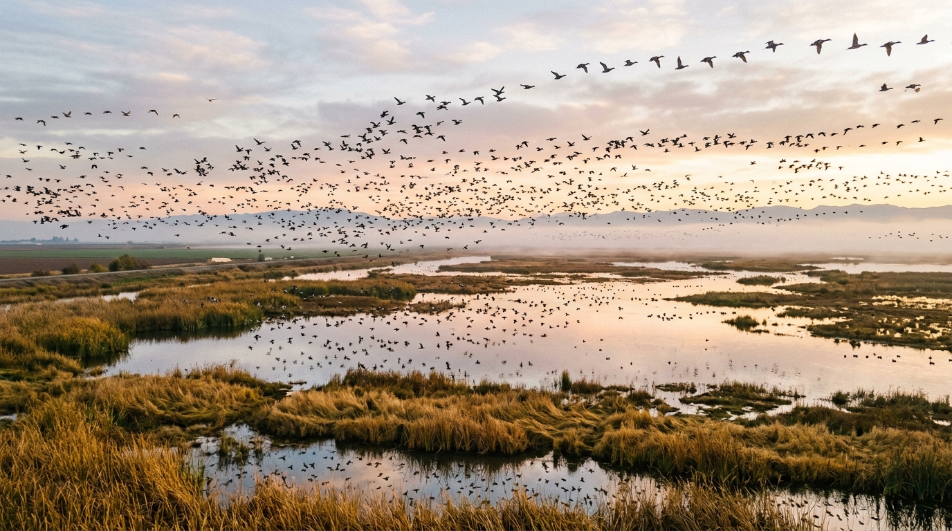 Migratory waterfowl flying over the Yolo Bypass wetlands in fall