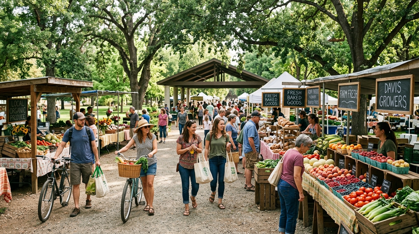 Saturday shoppers and cyclists at the Davis Farmers Market