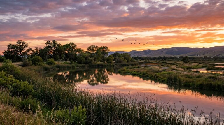 Sunset over wetlands at Cache Creek Nature Preserve near Woodland
