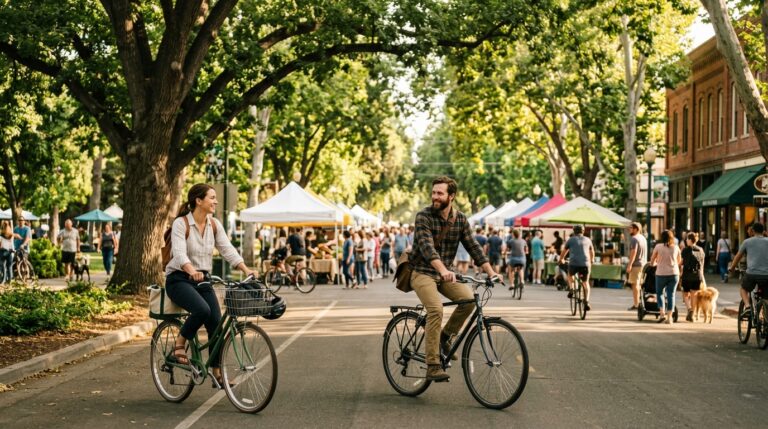 Visitors cycling toward downtown Davis during a car-free weekend