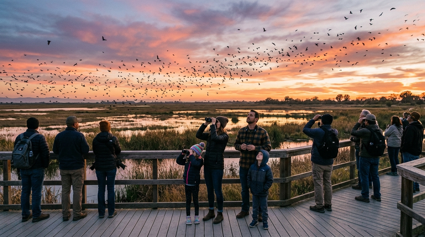 Visitors watching the Yolo Causeway bat flyout from an authorized viewing area