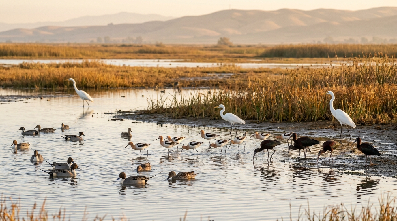 Waterfowl and wading birds feeding in the Yolo Bypass Wildlife Area