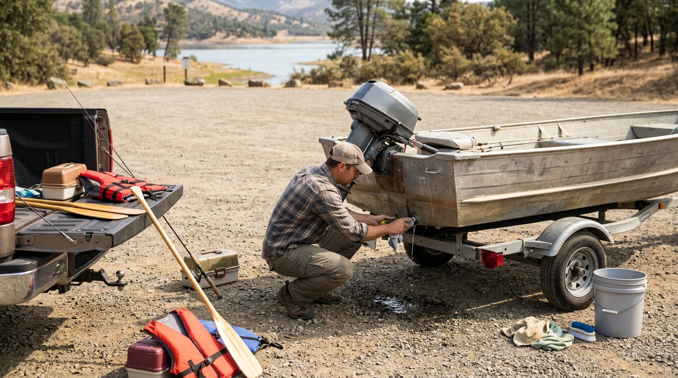 Boater cleaning draining and drying equipment to prevent golden mussel spread in California