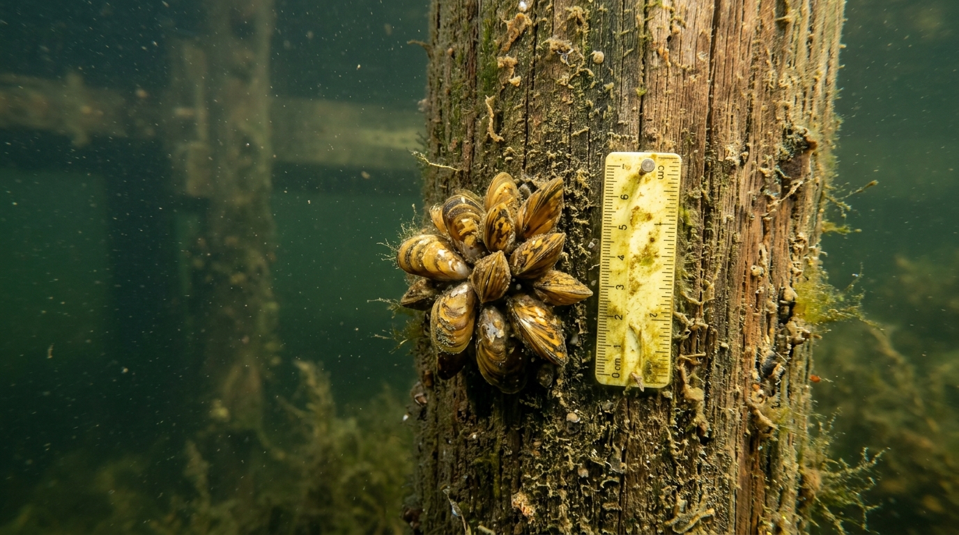 Golden mussels attached to an underwater surface in a Sacramento Delta waterway